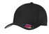 A black cotton twill cap with a curved visor and a fitted design, featuring a logo on the side.
