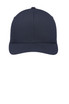 A navy blue cap with a rounded crown and a stiff brim, featuring a logo on the front.