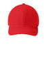 A red cap featuring a curved brim and a structured design, with a logo on the front.