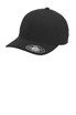 A black Flexfit Delta cap featuring a rounded crown and curved brim, with a logo on the side.