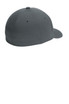 A grey Flexfit Delta cap featuring a rounded back and a flat brim, with ventilation holes and a logo.