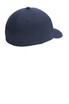 A navy Flexfit Delta cap featuring a smooth finish and a rounded design, with a logo on the side.