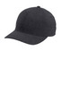 A flexible cap in a dark grey hue, featuring a rounded crown and a curved brim, with a branding logo.