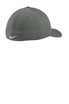 A grey cap with a curved brim, featuring a branding logo on the side.