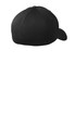 A black cap featuring a structured design and a curved brim, with a logo on the back.