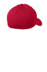 A red cap featuring a structured design and a logo on the side. The back shows a smooth finish with ventilation holes.