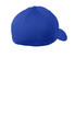 A blue Sport-Tek Flexfit Cool & Dry Poly Block Mesh Cap featuring a curved visor and a fitted design.