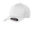 A white cap featuring a curved brim and a logo on the side, made from a breathable poly block mesh material.