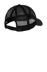 A black retro trucker cap featuring a mesh back and a solid front panel. It includes an adjustable strap.