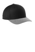 A black snapback cap with a grey curved bill and a logo on the front.