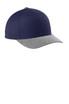 A navy and grey snapback cap with a curved bill and a logo on the front.