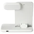 A white 3-in-1 wireless charger with a detachable section and a compact design. It features a logo on its surface.