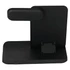 A black 3-in-1 wireless charger stand with a vertical holder for devices and a base for charging.