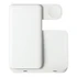 A white 3 in 1 wireless charger with a compact design and multiple charging surfaces, featuring a logo.