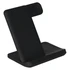 A black 3 in 1 wireless charger with a sleek standing design and a flat charging pad. It features a logo.