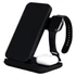 A black 3 in 1 wireless charger featuring a phone stand, an Apple Watch holder, and a space for earbuds.