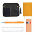 A black zippered pouch, an orange notebook, an orange pen, a ruler, and a set of colored pencils in a box.