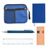 A blue zippered pouch, a blue notebook, a silver pen, a ruler, and a box of colored markers.