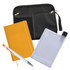 A black zippered pouch, a yellow notebook, a clear drink bottle, and a white pen with an orange accent.