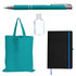 A teal tote bag, teal pen, clear hand sanitizer, and black notebook with a blue ribbon bookmark. All items have branding.