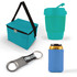 A cooler bag in teal, a teal drink cup with a straw, a silver bottle opener, and a blue can cooler.