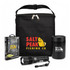 A black tote bag containing a flashlight, a drink bottle, and a fishing accessories pack, featuring branding.