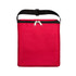 A red insulated cooler bag with a zippered top and a front pocket, featuring a black adjustable strap.