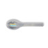 A silver spoon with a rounded end, featuring a logo on the handle.