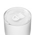 A coffee cup with a clear lid, featuring a smooth white exterior and transparent top. It has a simple, sleek design.