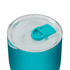 A drink bottle in a vibrant turquoise colour with a clear lid and a flip-top opening. It features a logo.