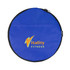 A round blue bag with a zip, featuring a logo in orange and yellow.