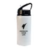 A drink bottle in white with a black lid and handle, featuring a logo and motivational text.