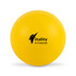 A yellow exercise ball with a logo in black, featuring a smooth, round surface.