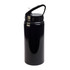 A black drink bottle with a handle and a screw-top lid, featuring a built-in straw and a logo.