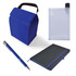 A blue cooler bag, a clear drink bottle, a black notebook with an elastic band, and a silver pen are featured.