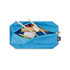 A blue pencil case containing pencils, a ruler, and erasers, with a zip closure and logo.