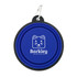 A blue collapsible pet bowl with a black rim and a logo featuring a cartoon dog face, attached to a metal carabiner.