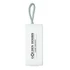 A white portable device with a grey strap, featuring a logo and text.
