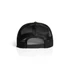 A black mesh trucker cap featuring an adjustable strap and a contrasting front panel.