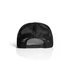 A black mesh contrast trucker cap featuring a snapback closure and a logo on the back.