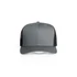 A grey trucker cap with black mesh panels and a structured front. It features a logo on the front.