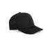 A black perforated cap featuring a solid front and ventilated side panels, includes a logo.