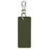 A rectangular keychain in olive green with a silver clip and ring for attaching to keys or bags.