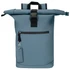 A blue waterproof backpack with a roll-top closure, featuring a front zip pocket and a branding tag.