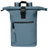A blue waterproof backpack with a roll-top closure, featuring a front zip pocket and a branding tag.