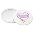 A round white makeup mirror with a printed design featuring the words "Beauty woman" in purple.