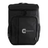A black backpack with a front pocket, mesh side pockets, and a logo on the front.