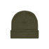 An olive green cuff beanie with a textured knit design and a folded brim, featuring a logo on the side.