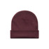 A maroon cuff beanie with a rolled hem. It features a simple design and a logo on the side.