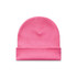 A pink cuff beanie with a knitted texture and a folded brim, featuring a branding logo.